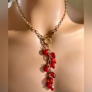 Versatile Gold and Red/Orange Beaded Lariat Necklace